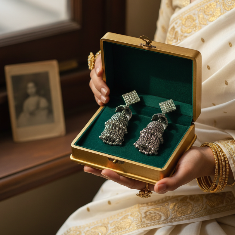 Oxidized Geometric Jhumka Earrings