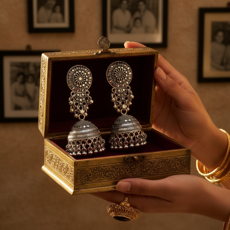 Oxidized Silver Floral Round Top Jhumka Earrings for Women