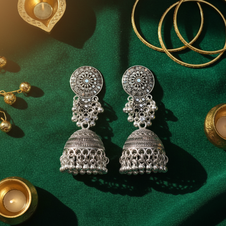 Oxidized Silver Floral Round Top Jhumka Earrings for Women