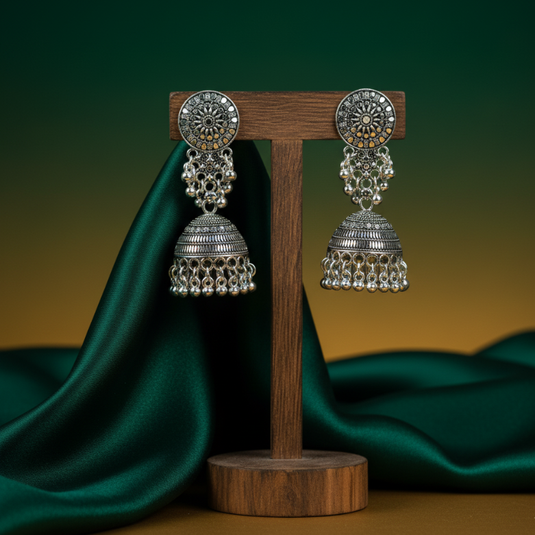 Oxidized Silver Floral Round Top Jhumka Earrings for Women