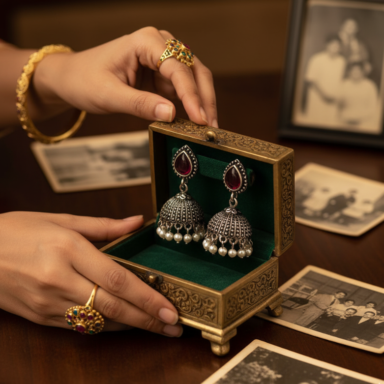 Oxidised Silver Jhumka Earrings with Red Stone & Pearl Beads – Traditional Partywear Earrings