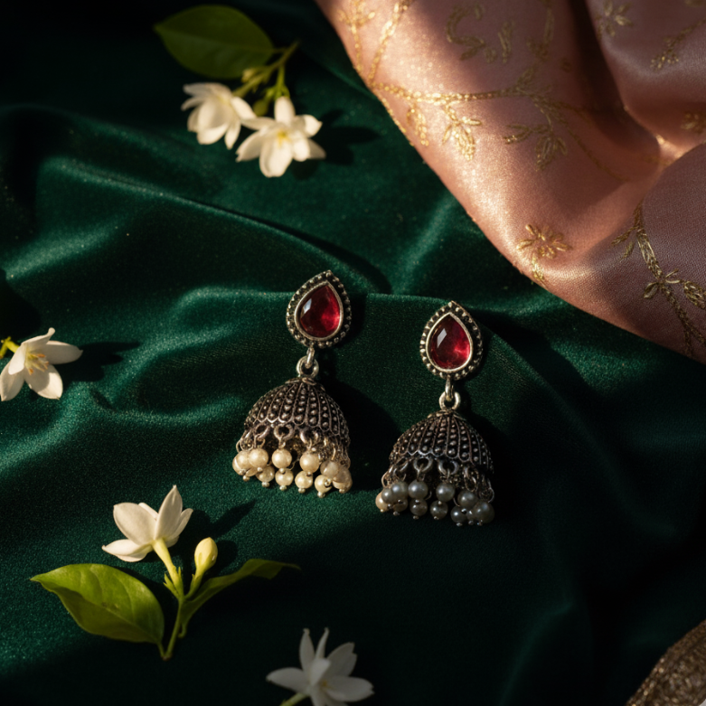 Oxidised Silver Jhumka Earrings with Red Stone & Pearl Beads – Traditional Partywear Earrings