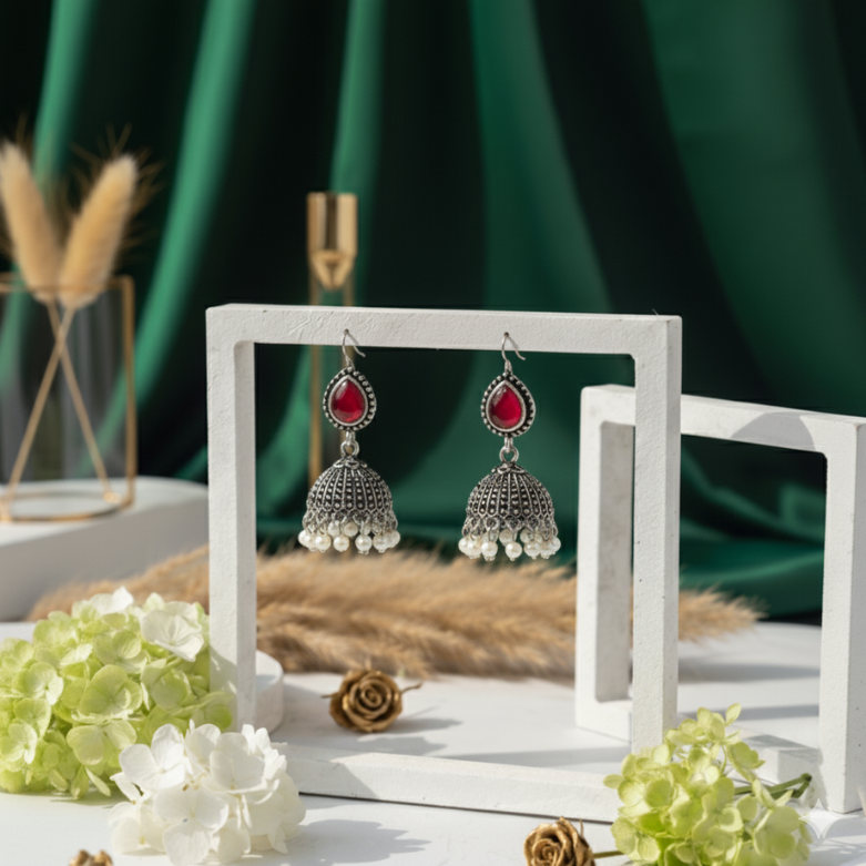 Oxidised Silver Jhumka Earrings with Red Stone & Pearl Beads – Traditional Partywear Earrings