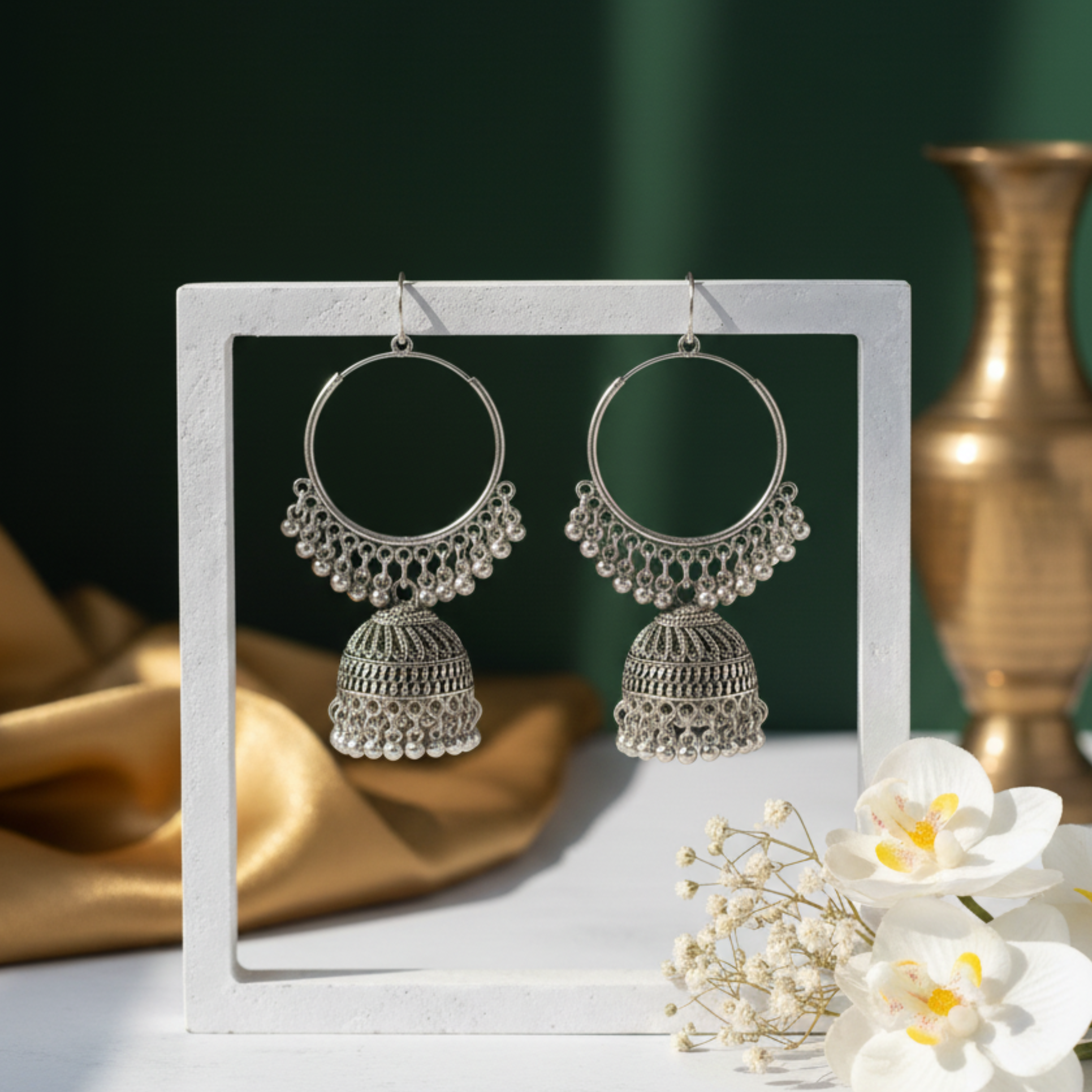 Nayvika Aarohi Oxidised Silver Hoop Jhumka Earrings for Women & Girls