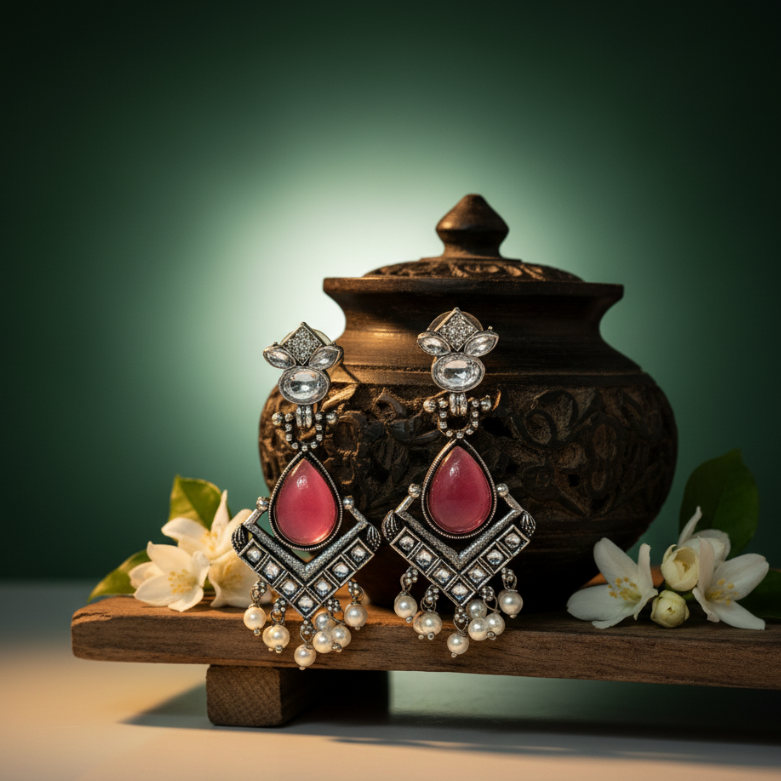 Silver Plated Pink Stone Drop Earrings with Kundan & Pearl Danglers