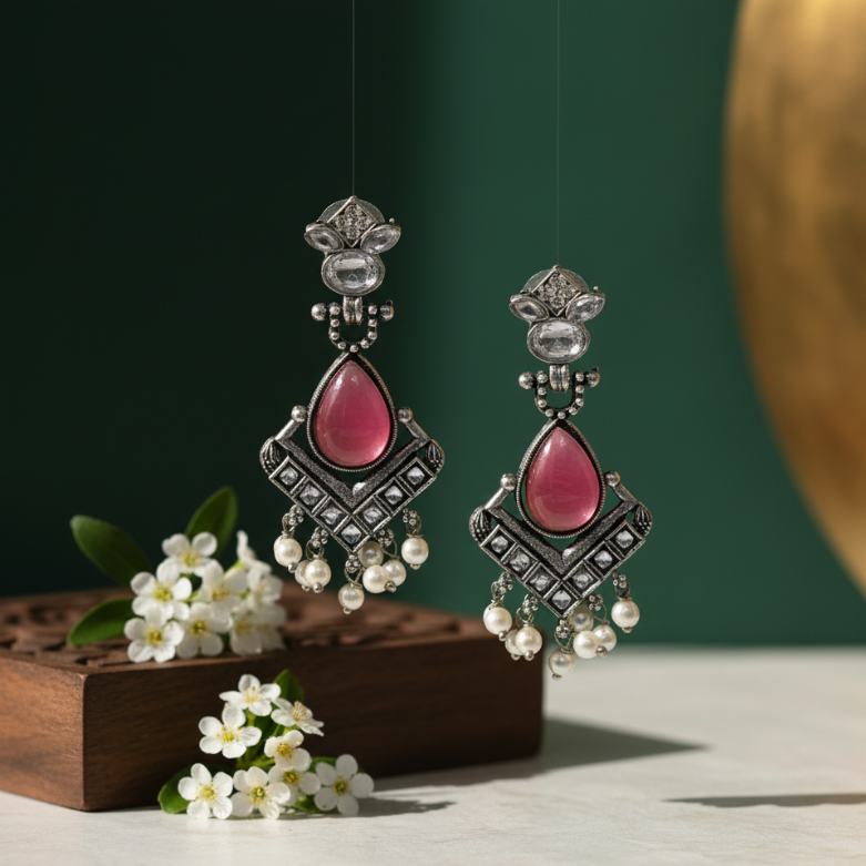 Silver Plated Pink Stone Drop Earrings with Kundan & Pearl Danglers