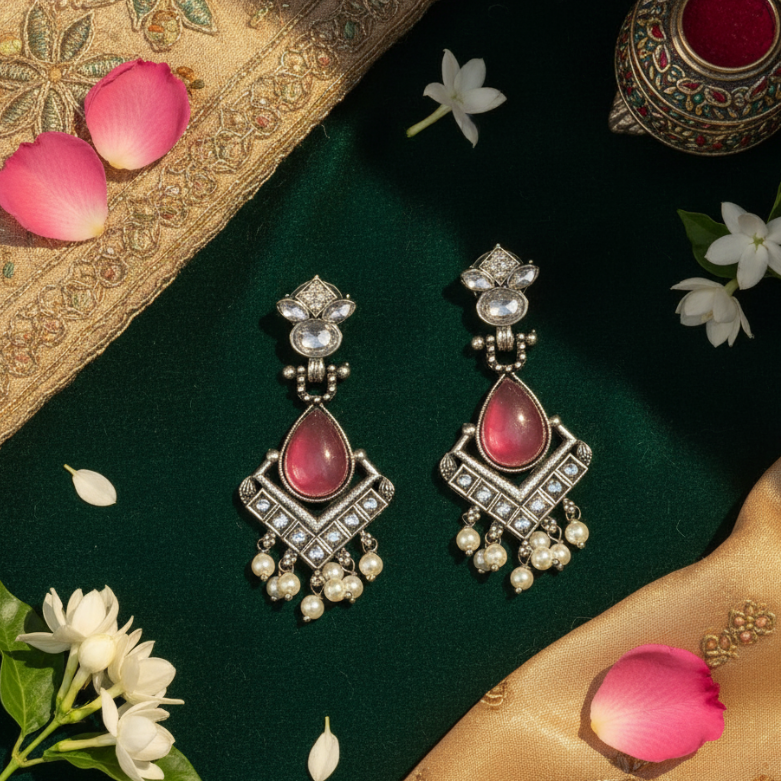 Silver Plated Pink Stone Drop Earrings with Kundan & Pearl Danglers