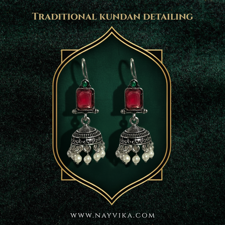 Oxidised Silver Jhumkas – Regal Red Charm