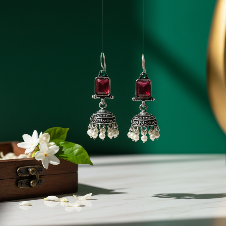 Oxidised Silver Jhumkas – Regal Red Charm