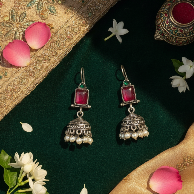Oxidised Silver Jhumkas – Regal Red Charm