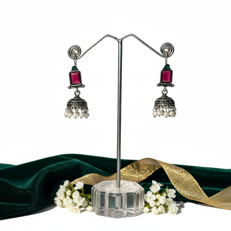 Oxidised Silver Jhumkas – Regal Red Charm