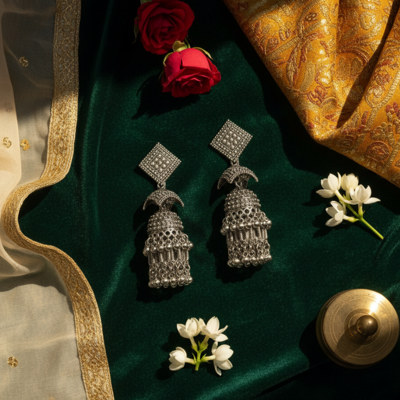 Oxidized Geometric Jhumka Earrings