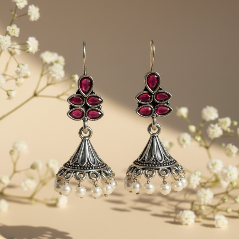 Antique Oxidized Silver Jhumka Earrings with Pink Stones & Pearl Drops