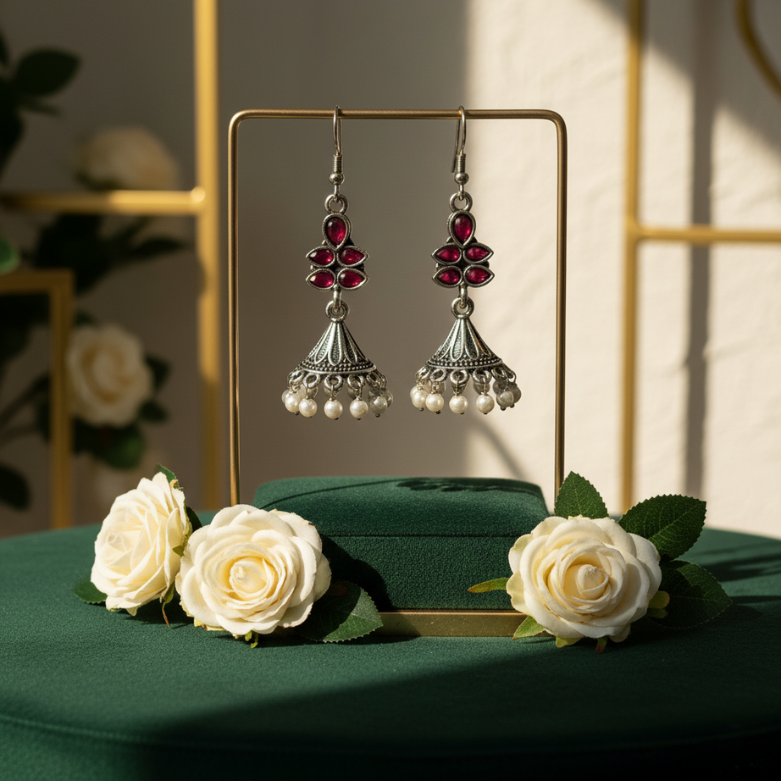 Antique Oxidized Silver Jhumka Earrings with Pink Stones & Pearl Drops