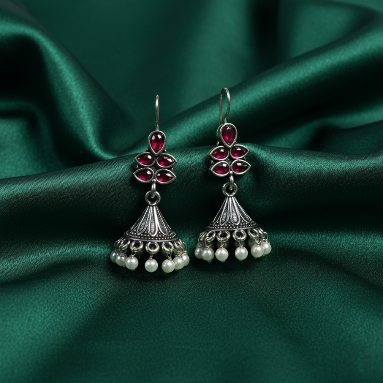 Antique Oxidized Silver Jhumka Earrings with Pink Stones & Pearl Drops