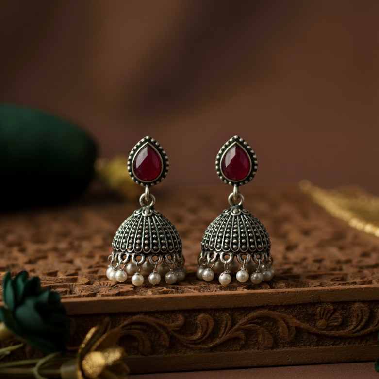 Oxidised Silver Jhumka Earrings with Red Stone & Pearl Beads – Traditional Partywear Earrings