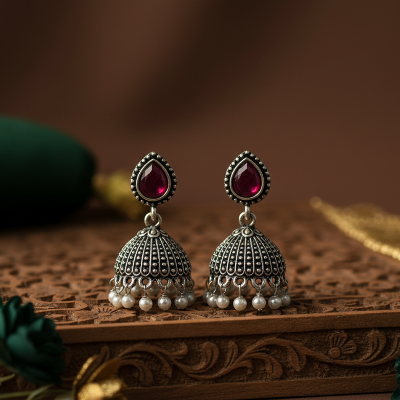 Oxidised Silver Jhumka Earrings with Red Stone & Pearl Beads – Traditional Partywear Earrings