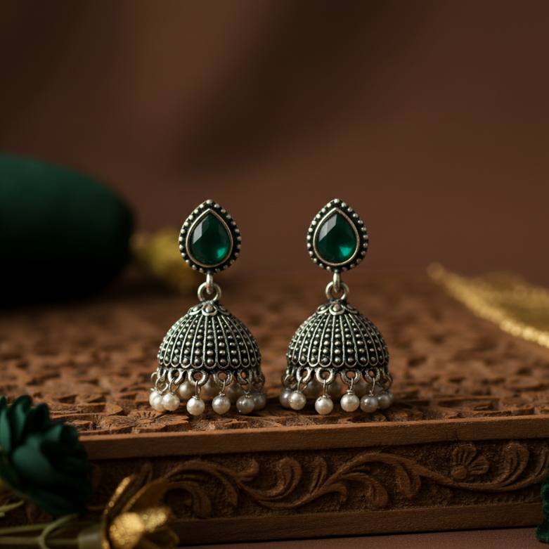 Oxidised Silver Jhumka Earrings with Red Stone & Pearl Beads – Traditional Partywear Earrings