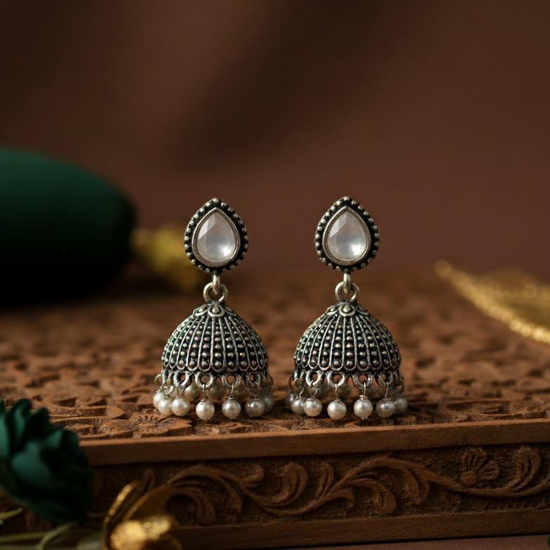 Oxidised Silver Jhumka Earrings with Red Stone & Pearl Beads – Traditional Partywear Earrings