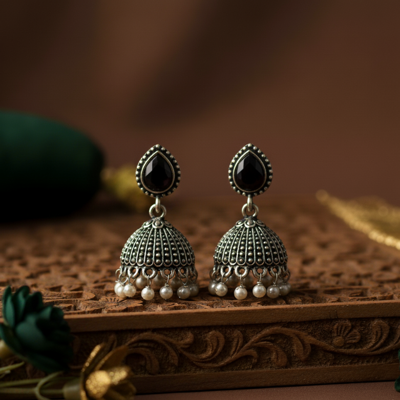 Oxidised Silver Jhumka Earrings with Red Stone & Pearl Beads – Traditional Partywear Earrings